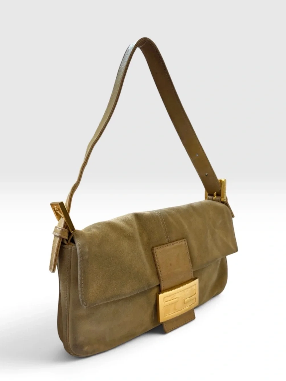 Fendi FF Logo Buttery Soft Camel Suede Baguette Bag Tan Gold
